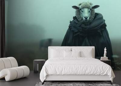 Hooded sheep like creature enveloped in an eerie atmospheric mist over a haunting mystical landscape  The scene evokes a sense of fantasy mystery and the supernatural Wall mural