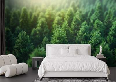 Lush dense evergreen forest landscape with towering pine and fir trees reaching up towards the sky in a dramatic scenic natural setting  The dense vibrant green foliage creates a peaceful Wall mural