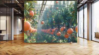 Lush green greenhouse with ripe oranges hanging on the branches in an organic fruit plantation  Abundance of fresh juicy citrus fruits ready for harvesting in a sustainable Wall mural