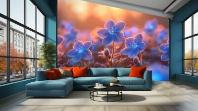 Magical blooming flowers with vibrant blue petals illuminated by a warm glowing sunset in a captivating dreamlike garden scene  This enchanting Wall mural