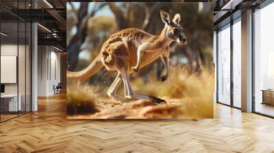 Majestic kangaroo leaping gracefully across a lush sun dappled Australian outback landscape filled with tall grass and scattered trees Wall mural