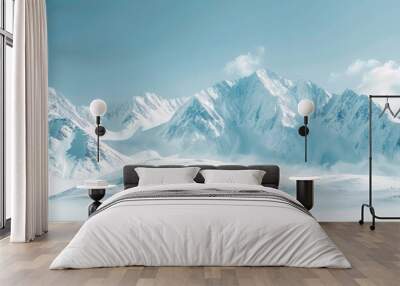 Majestic snowy mountain peaks reaching up into the crisp clear sky in a serene frozen wilderness landscape  This dramatic awe inspiring alpine scene evokes a sense of adventure Wall mural