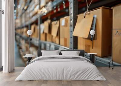 Organized warehouse interior with cardboard boxes and packages stacked on metal shelving units  Logistic distribution center with inventory storage and supply chain management Wall mural