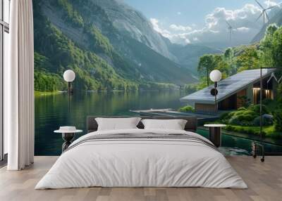 Peaceful wooden cabin nestled on the shores of a tranquil mountain lake surrounded by lush forests and towering peaks in the scenic fjords of Norway Wall mural