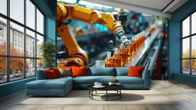 Robotic arm on conveyor belt assembly line in modern automated industrial manufacturing factory  Advanced technology efficient production and smart automation workflow Wall mural