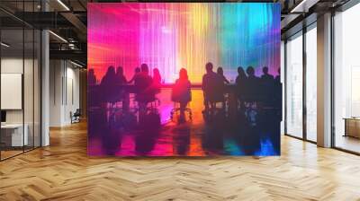 Silhouettes of a group of people gathered together in a vibrant neon lit digital landscape creating an abstract futuristic atmosphere  The image evokes a sense of technology innovation Wall mural