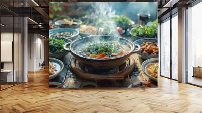 Steaming hot pot meal with a variety of fresh vegetables aromatic herbs and savory broth served on a rustic wooden table Wall mural