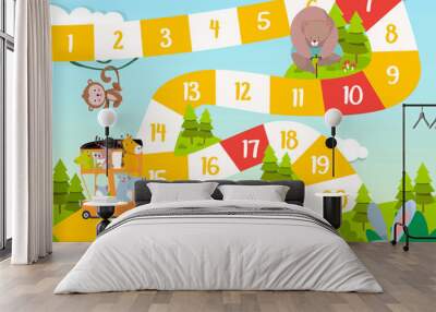 Vector flat style illustration of kids animals board game. For print. Cute Animal Theme. Wall mural