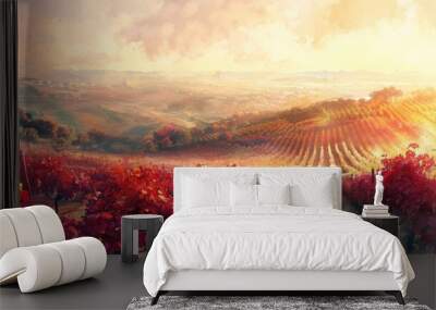 Vibrant Autumnal Vineyard Landscape with Rolling Hills and Warm Sunset Sky  Scenic rural countryside panorama of a flourishing grape farm during harvest season Wall mural