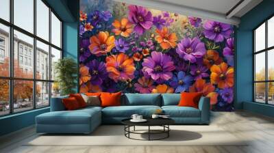 Vibrant floral arrangement of blooming colorful flowers like cosmos marigold and dahlia in a dreamy serene garden setting  Lush botanical backdrop with rich organic textures and patterns Wall mural