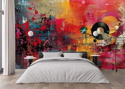 a backdrop of colorful music notes and sheet music, a disc and a treble clef add depth and dimension to this vibrant composition. Wall mural