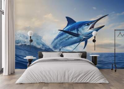 A blue marlin swordfish jumping out of the ocean. Wall mural