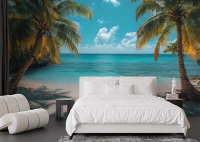 A digital nomad working from a tropical beach with a laptop and palm trees. Wall mural