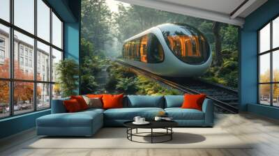 A futuristic electric train gliding through a green landscape with minimal impact on the environment. Wall mural