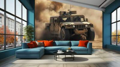 A rugged military vehicle maneuvers through dusty desert terrain. Wall mural