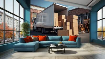 A truck full of moving boxes and furniture. Moving service concept. Wall mural