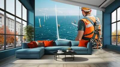 An engineer maintaining an offshore turbine house, a professional worker harnessed and working at height, with an expansive offshore wind farm in the ocean. Wall mural