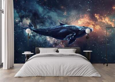 An enigmatic whale swimming through the galaxy, trailing a path of glittering particle dust, merging the mysteries of the ocean and space. Wall mural