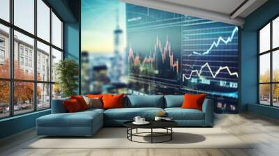 Blurred background of Stock market business concept with financial chart on screen and metropolis. Investment and trading background. Wall mural