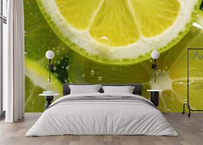 Close up of Lemon and lime slices drop in fizzy sparkling water, juice refreshment. Wall mural