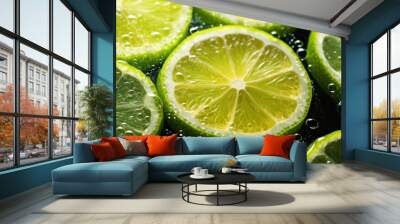 Close up of Lemon and lime slices drop in fizzy sparkling water, juice refreshment. Wall mural