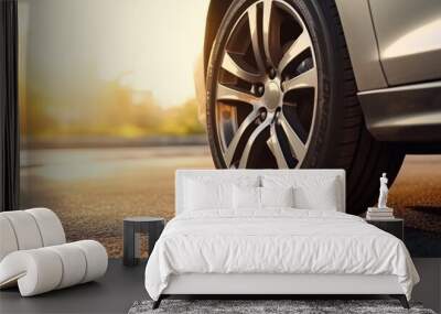 Close up tire and wheel of a car on the road in background. The driving concept of travel and vacation. Wall mural