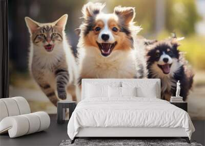 cute funny dog and cat group jumps and running and happily. Wall mural