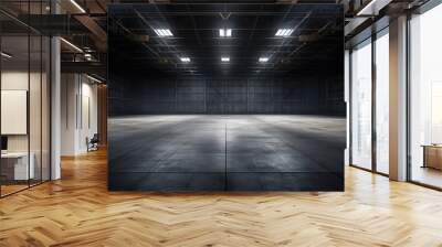 Empty floor, interior of industrial, commercial building. Construction by metal, steel, concrete. Modern factory, warehouse, hangar for backgroud. Wall mural