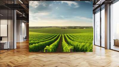 Panorama view of Green field with rows of vines. Ripe grapes for the production of fine wines. Wall mural