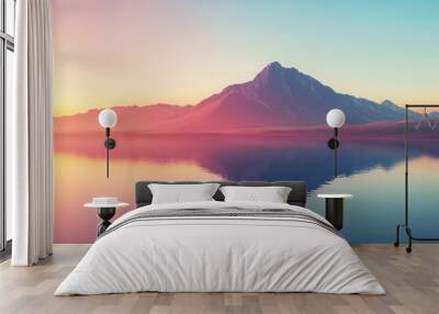 A serene landscape of a mountain and lake during golden hour, clear sky reflecting on the still water, vibrant colors. Wall mural