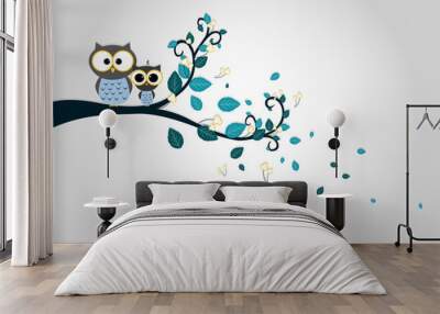 Two cute owls on a tree branch silhouette Wall mural