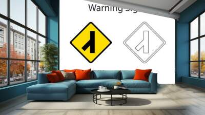 Warning of skewed side road junction on left traffic sign 2 style, Yellow vector illustration and hand drawing on white background. Wall mural