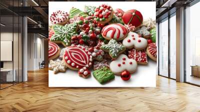 Christmas Cookie Wonderland A vibrant 3D assortment of decorated Christmas cookies with festive icing, isolated background 50 keywords Wall mural