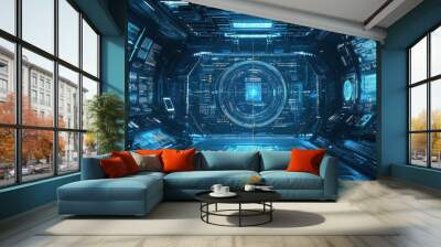 Futuristic spaceship interior with glowing blue screens. Wall mural