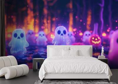 Glowing Ghosts and Pumpkins in a Spooky Forest. Wall mural