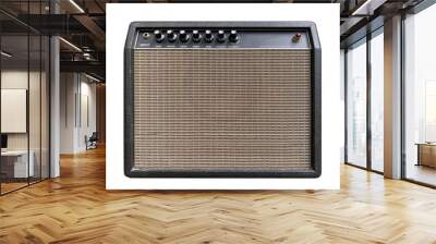 Isolated black leather vintage electric guitar US style amplifier with a black knob on white background with clipping path. Popular amp in rock music. front view photo. Wall mural