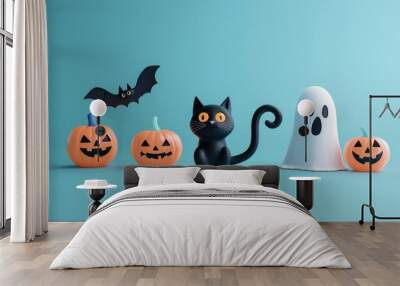 Lively 3D vector illustration of Halloween symbols like black cats, ghosts, and witches on a minimal, isolated background Wall mural