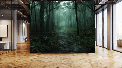 Mystical forest path shrouded in mist and greenery Wall mural