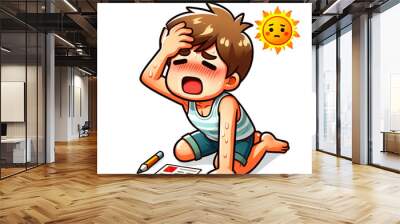 Vector illustration of a boy suffering from heatstroke while sitting doing homework on a white background. Wall mural