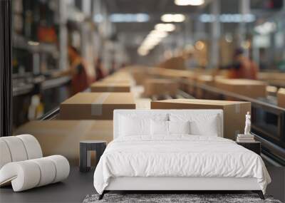 A factory workers packaging products on an assembly line, with boxes and packing materials Wall mural