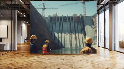 A group of testing the structural of a large construction. The scene includes hydraulic testing equipment, workers Wall mural