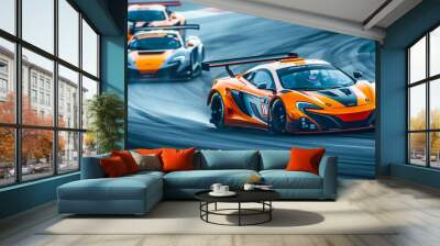 A image of sports cars racing on a track, capturing the speed and adrenaline of motorsport competitions Wall mural