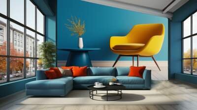 a modern living room The chair is positioned near a sleek, minimalist blue coffee table, Wall mural