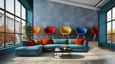 A series of modern chairs in different colors like red, blue, and yellow, placed in a line against a neutral gray wall, Wall mural