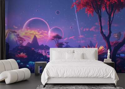 A vibrant 3D rendering of an alien planet with exotic, colorful landscapes, floating islands, and strange, bioluminescent plants, set against a starry sky with multiple moons Wall mural