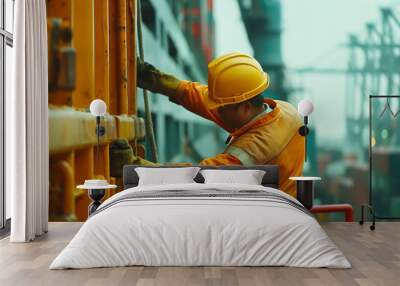 A Workers Loading and unloading cargo from ships, working with heavy containers and equipment, requiring hard hats for head protection Wall mural