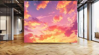 fire in the sky, sky is vibrant with shades of orange, pink, and purple, blending seamlessly into the calm waters below Wall mural