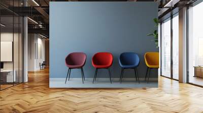 room with chairs. A series of modern chairs in different colors like red, blue, and yellow, placed in a line against a neutral gray wall, Wall mural