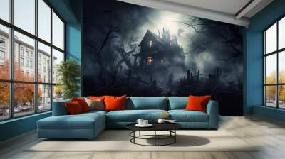 halloween background with bats, house with evil inhabitants ethere Wall mural