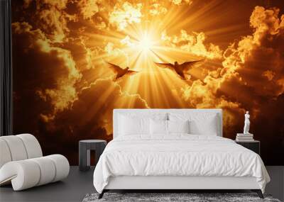 2 doves flying either side of a heavenly cross away from cross, facing each other with a sunburst rays reflection of the cross in both directions Wall mural